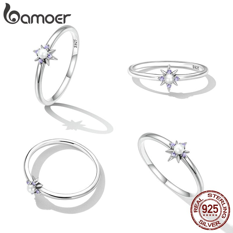 Bamoer 925 Sterling Silver Shell Bead Star Shining Purple Gem Ring