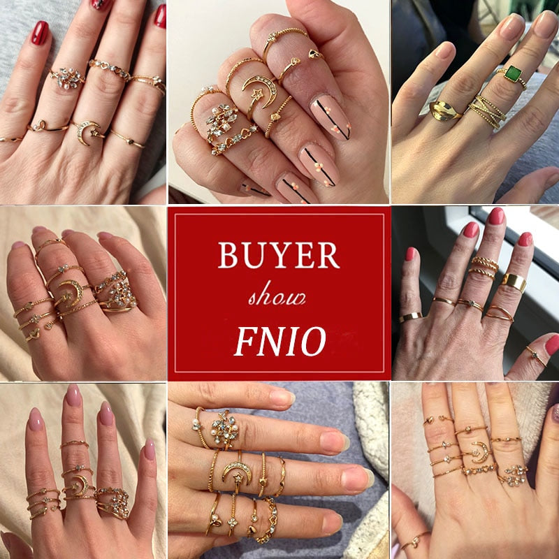 FNIO Bohemian Gold Color Chain Rings Set