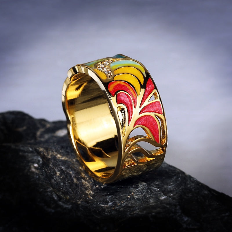 925 Golden Color Feather Zircon Ring