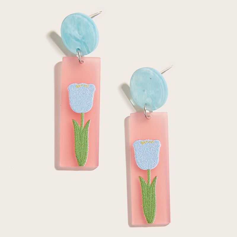Retro Acrylic Flower Temperament Contrast Color Square Earrings