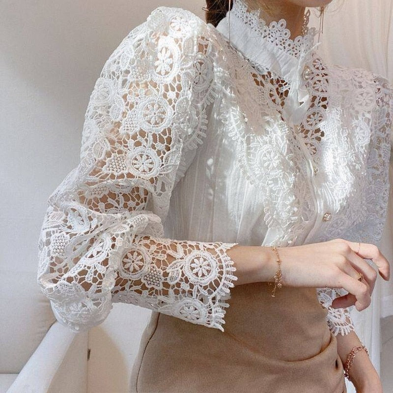 Vintage Solid White Lace Blouse Shirts Women Button Loose Shirt Top