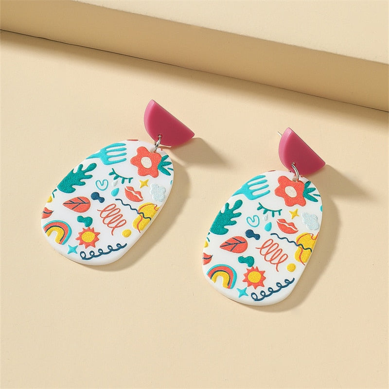 Retro Acrylic Flower Temperament Contrast Color Square Earrings