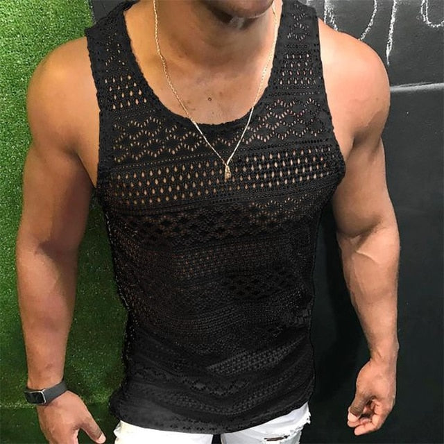 Lace Hollow Out Slim Fit Sleeveless Shirt