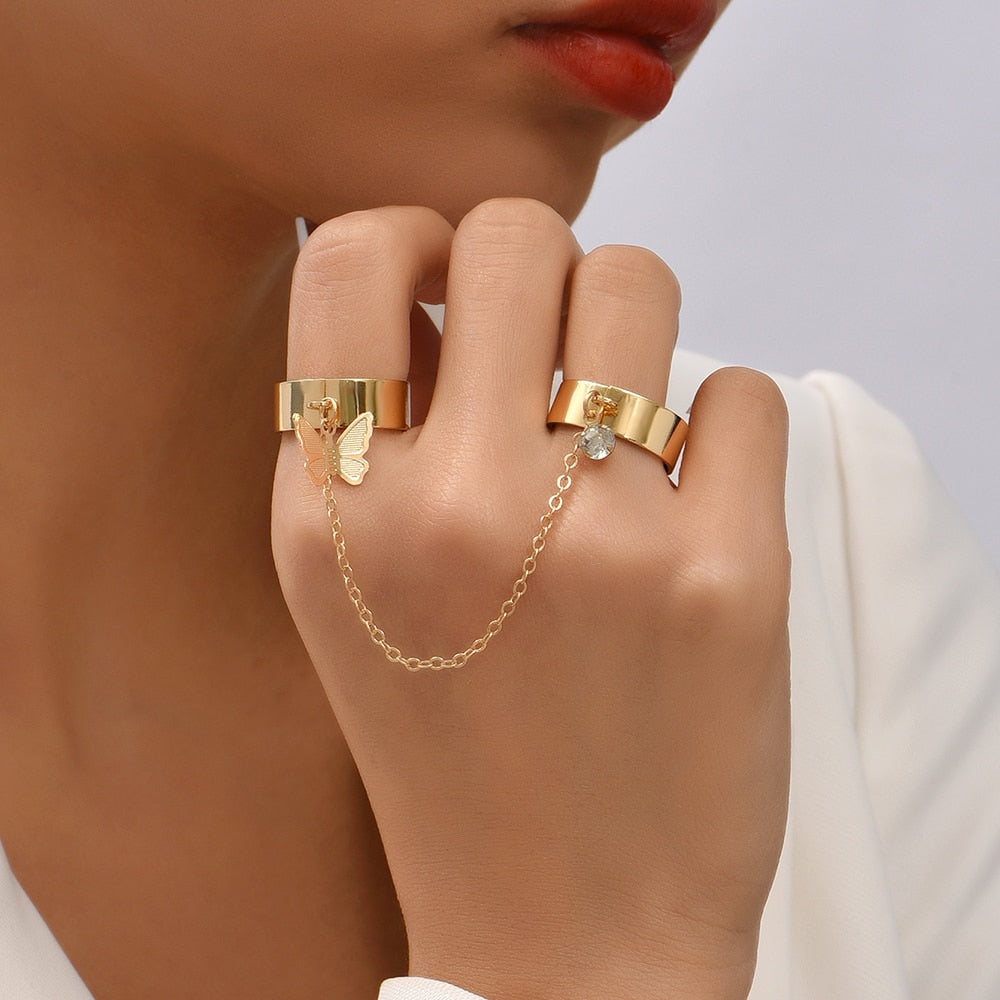 Simple Link Connected Gold plated Wide Finger Ring Bracelet