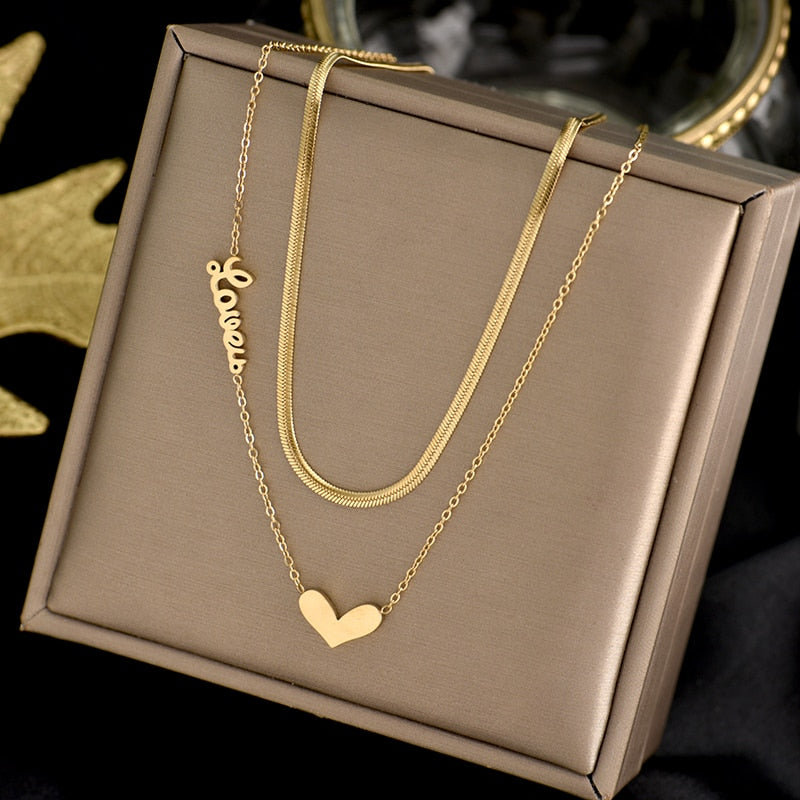 Shiny Bling Zircon Double Layer Heart Clavicle Chain  Necklace