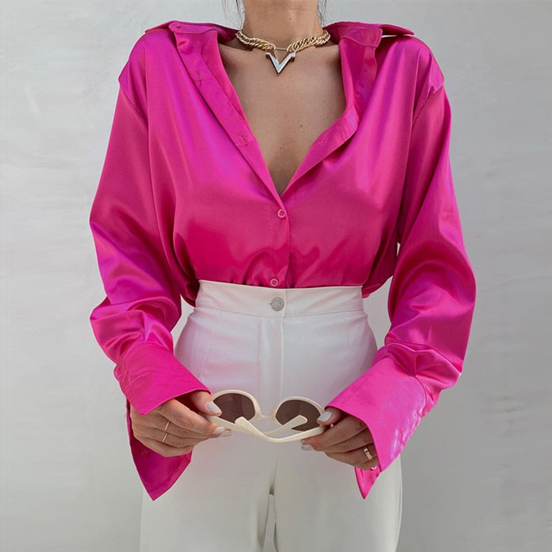 Vintage Elegant Satin Silk Shirt Long Sleeve Blouse