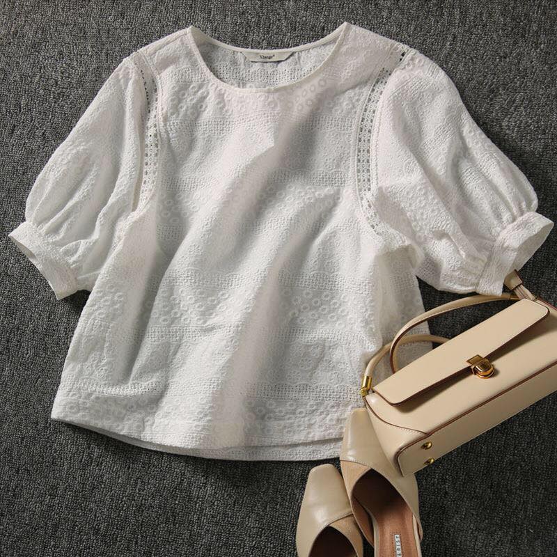 Lantern Sleeve Loose Shirts Embroidery Cotton Lace O-neck Casual Blouse