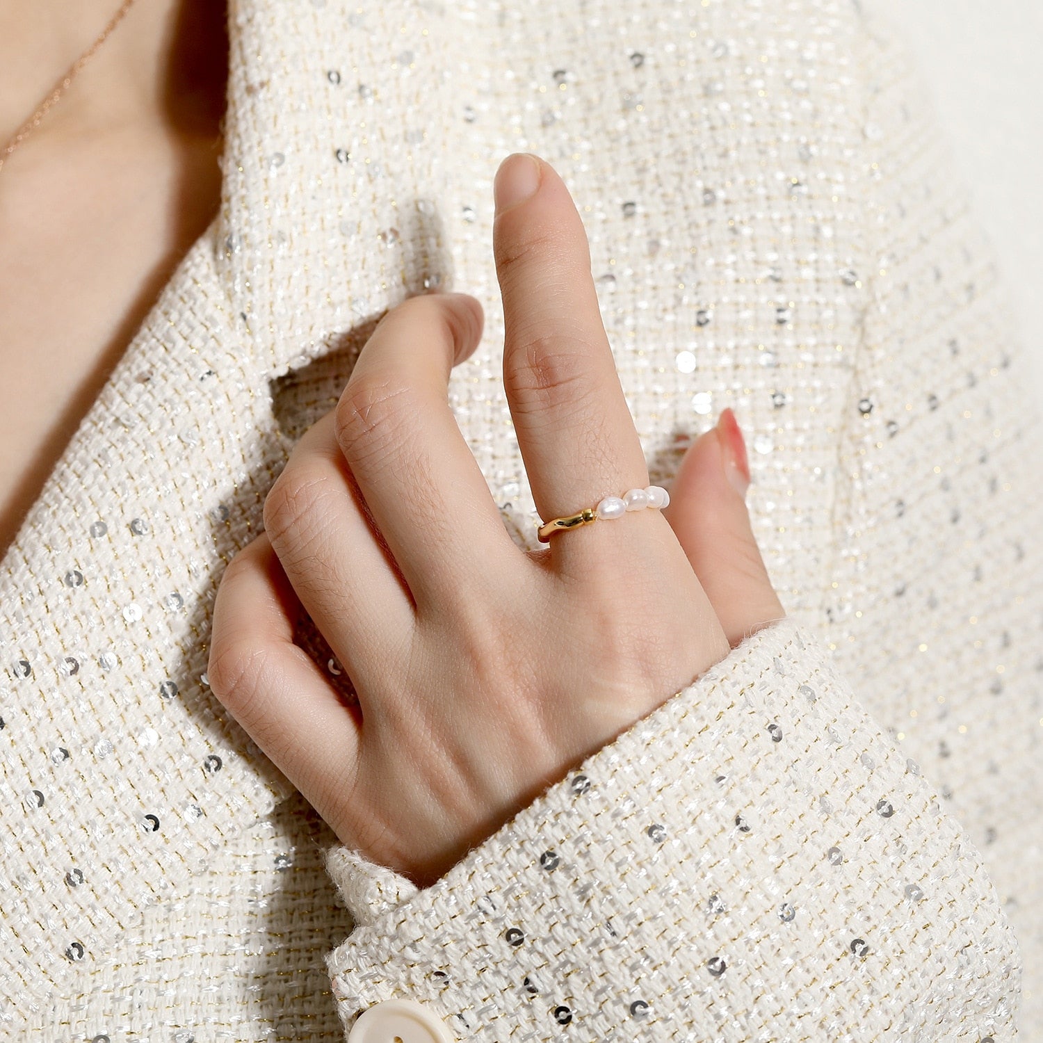 High-quality Natural Pearls Elastic Fine Beads Tail Index Ring