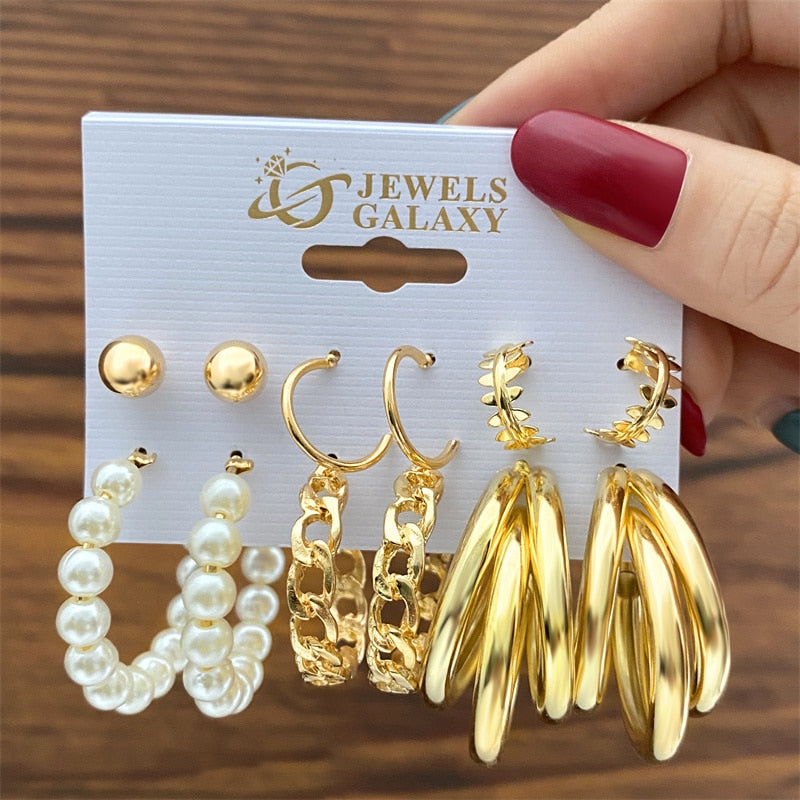 17KM Vintage Geometric Gold Plated Metal Earrings Set