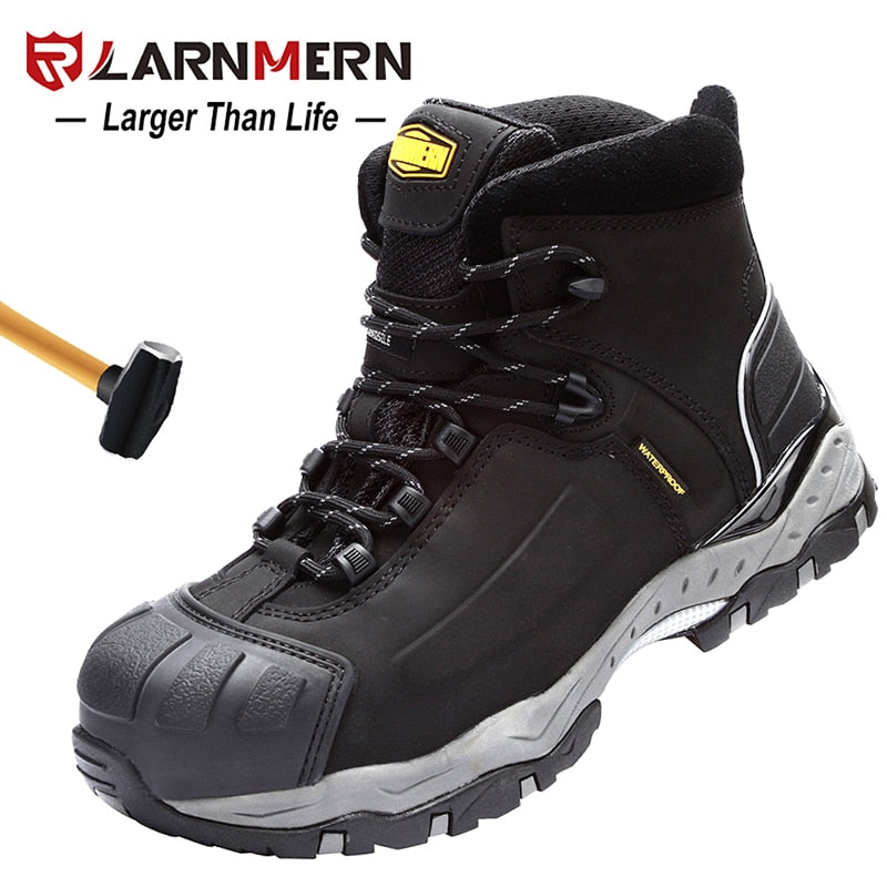 LARNMERM Safety Shoes Work Shoes Steel Toe Comfortable Genuine Leather Waterproof Construction Warehouse Factory Protection Shoe