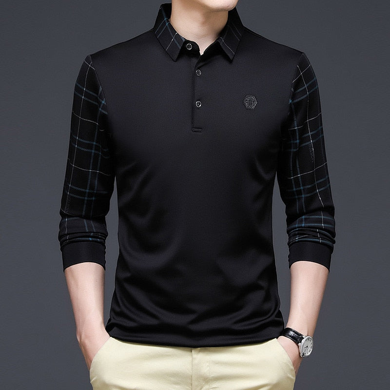 Ymwmhu Solid Polo Long Sleeve Casual Fit Slim Man Shirt