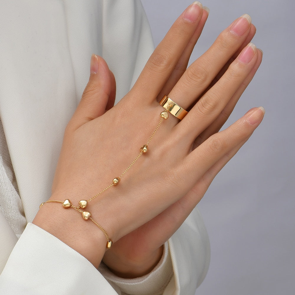 Simple Link Connected Gold plated Wide Finger Ring Bracelet