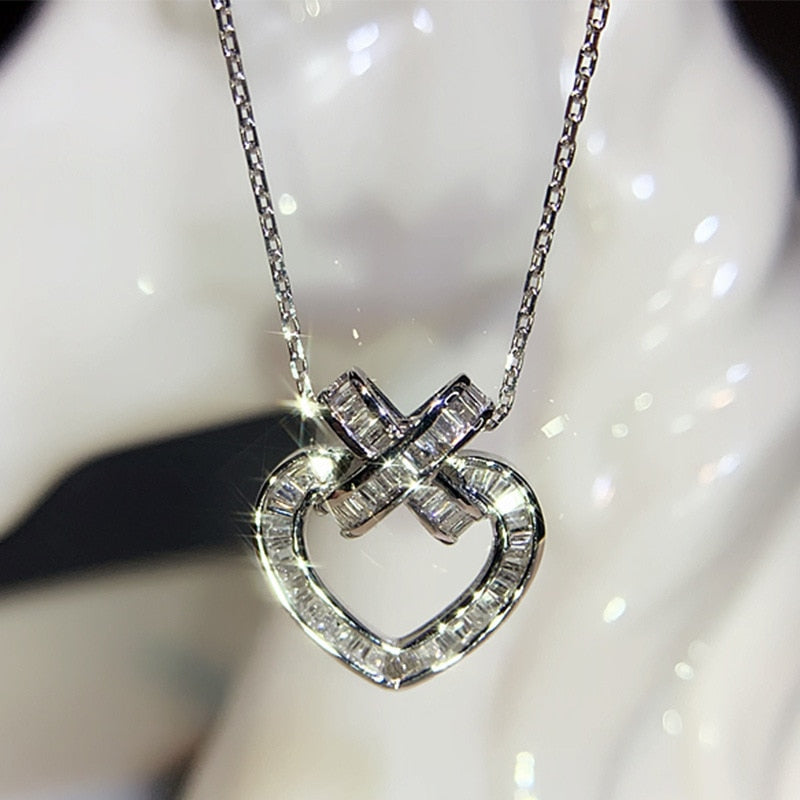 Shiny Bling Zircon Double Layer Heart Clavicle Chain  Necklace