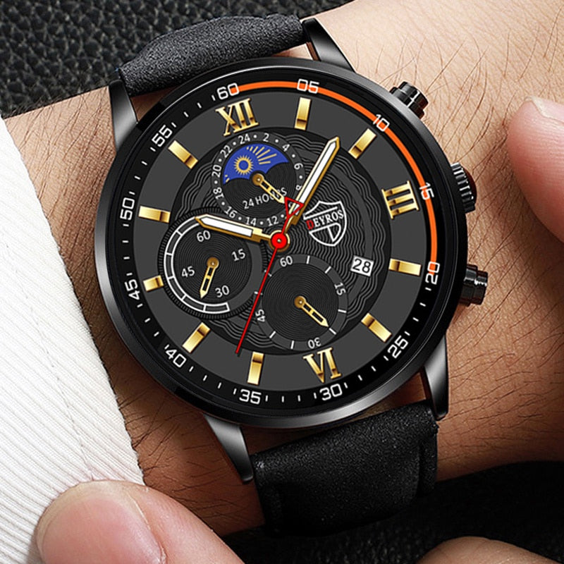 Luxury Black Leather Bracelet Men Casual Luminous Clock Watch