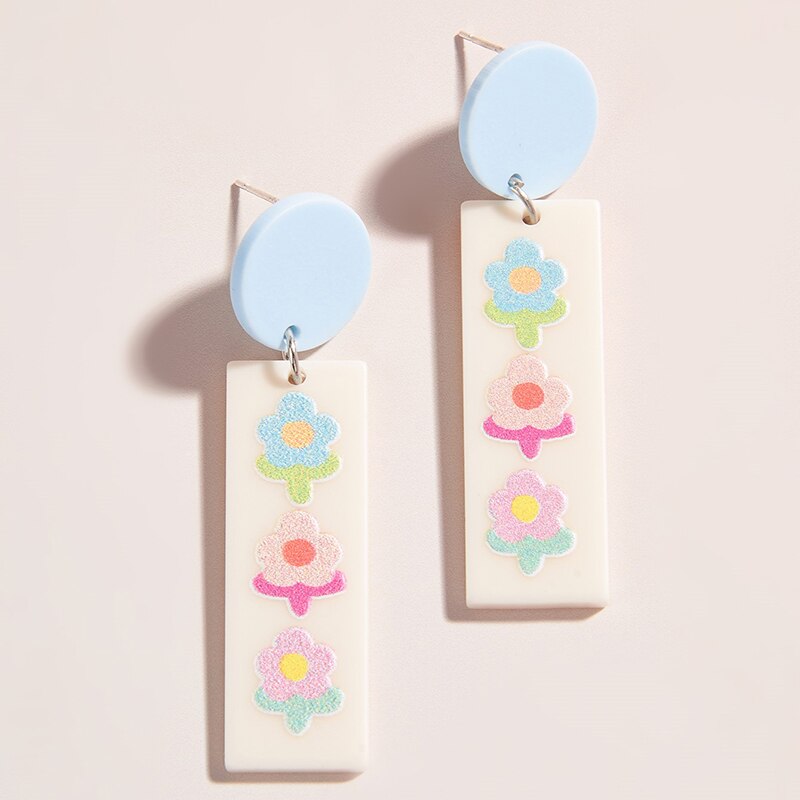Retro Acrylic Flower Temperament Contrast Color Square Earrings