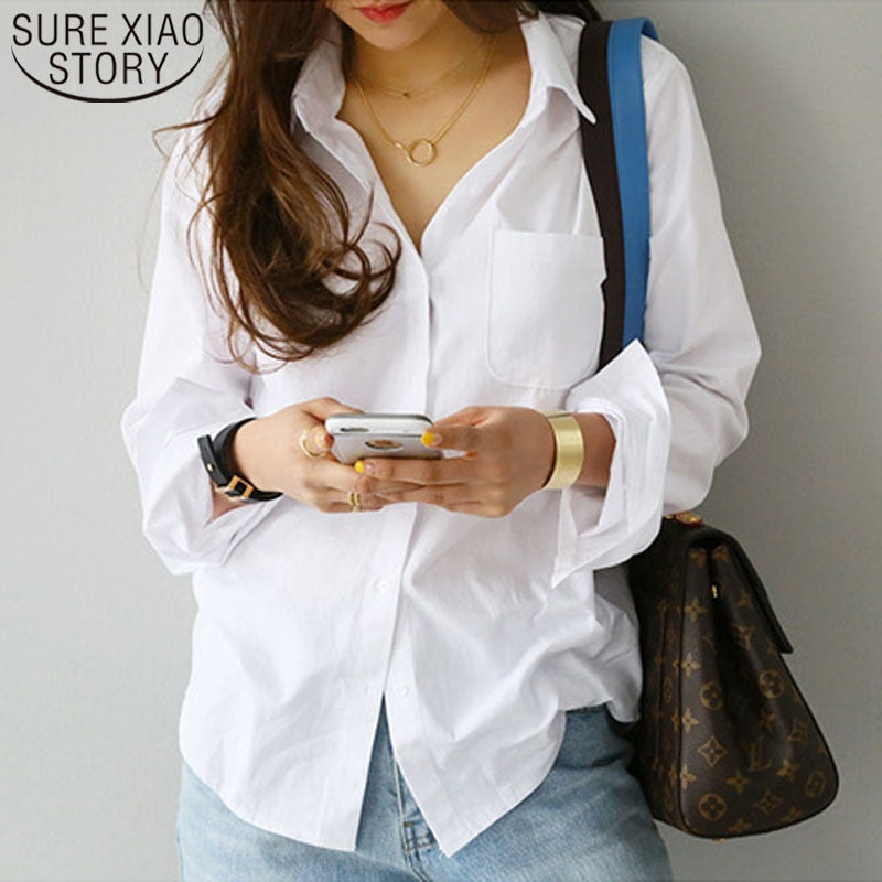 Feminine Blouse Long Sleeve White Turn-down Collar OL Style Loose Blouse