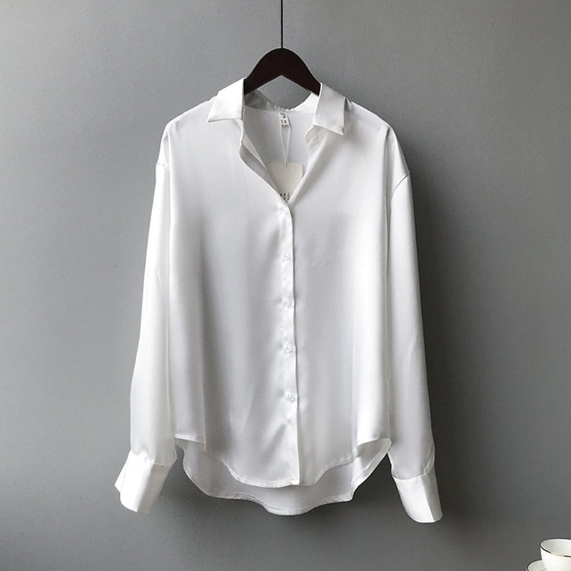 Silk Korean Elegant Button Up Satin Shirt Blouse