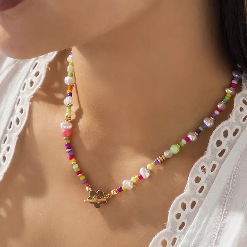 Salircon Trend Bohemia Rainbow Color Seed Beads Chain Choker Necklace