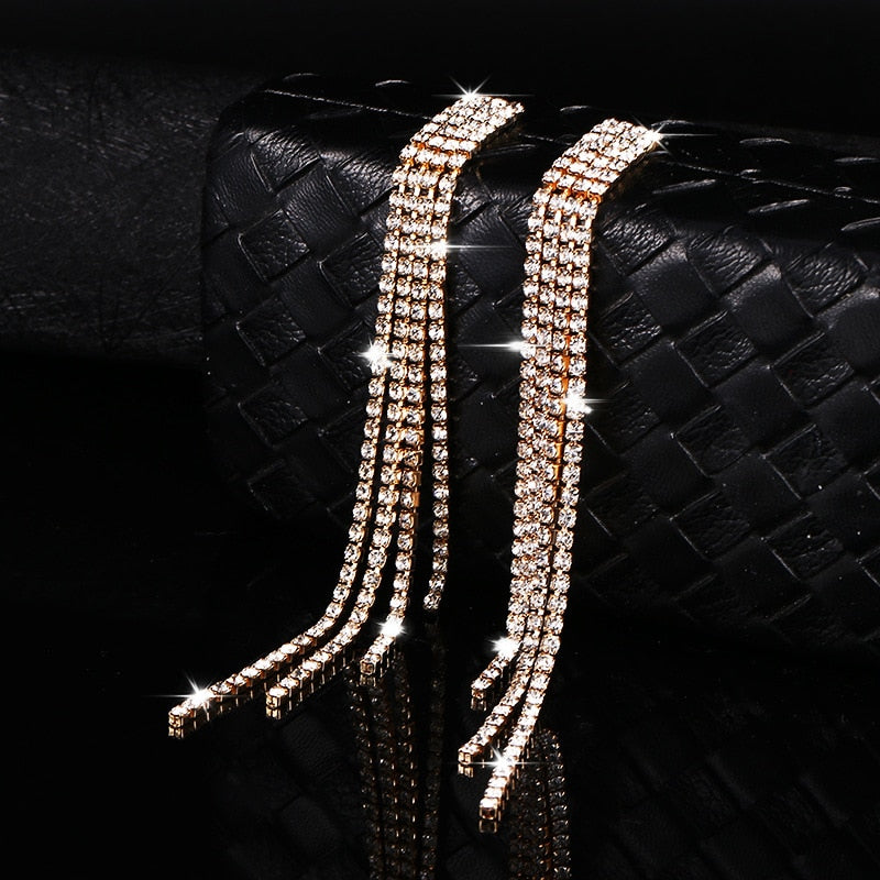 Luxury Rhinestone Crystal Long Tassel Drop Dangling Earrings
