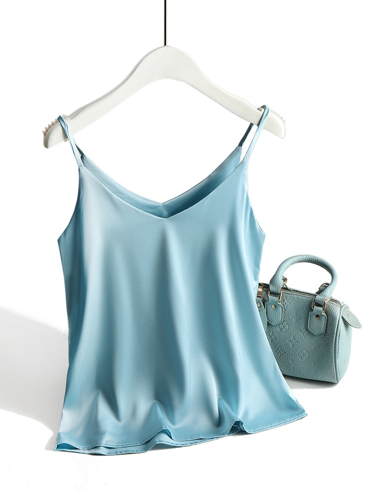 Spaghetti Strap Halter V Neck Sleeveless Satin Silk Tank Top