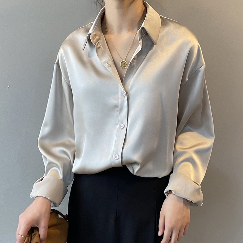 Silk Korean Elegant Button Up Satin Shirt Blouse