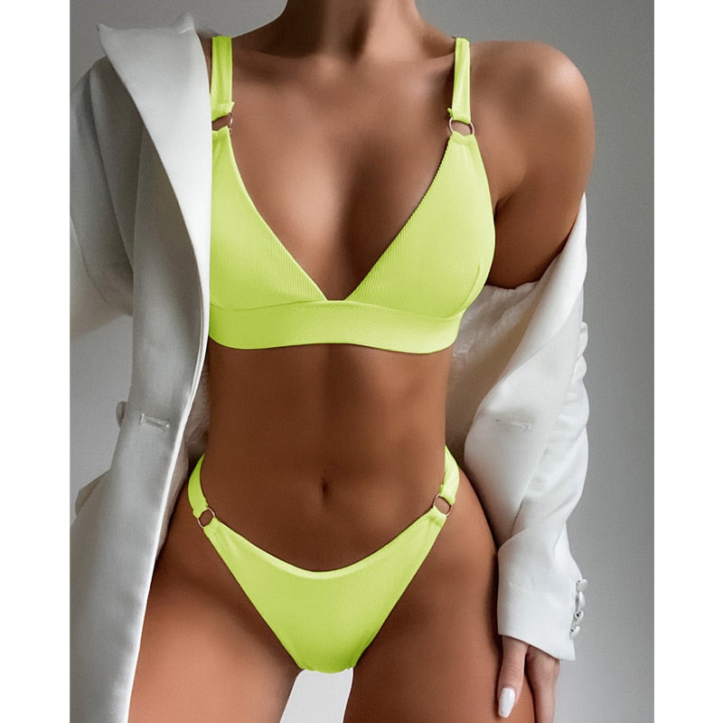 Sexy Ribbed Ring Push Up Bikinis Swimsuit Women