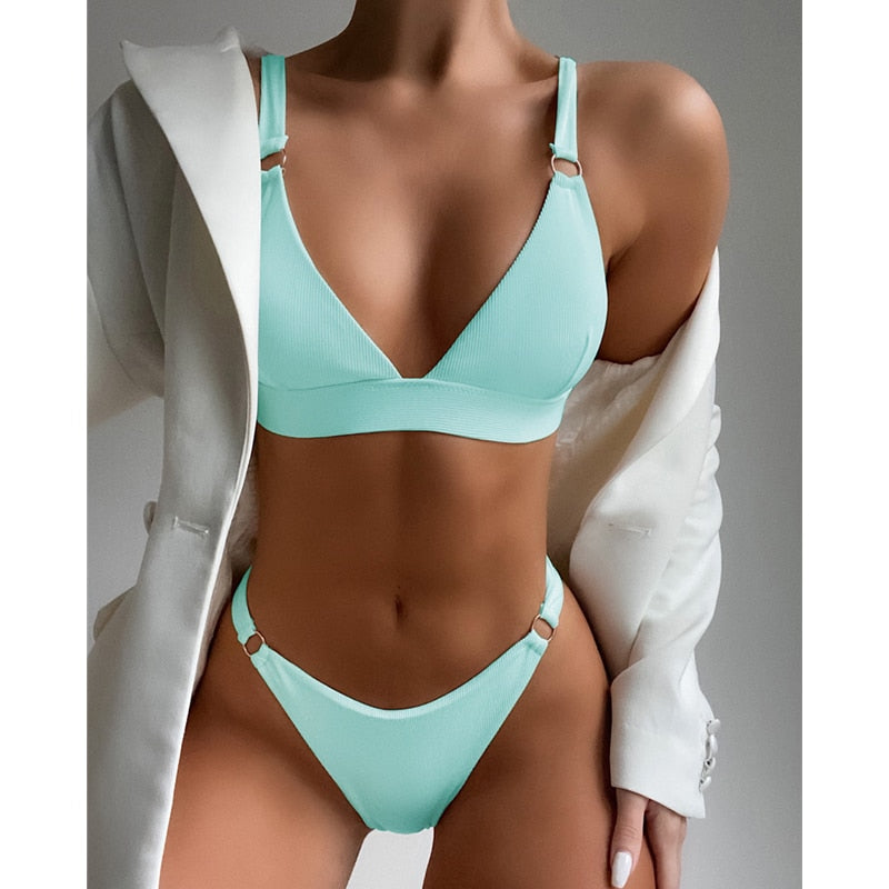 Sexy Ribbed Ring Push Up Bikinis Swimsuit Women