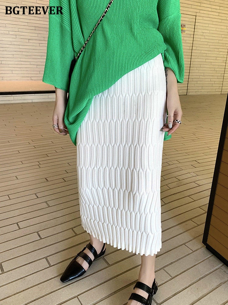 BGTEEVER Elegant High Waist Slim Fit Zipper Mid-Calf  Wrapped Knitted Skirt