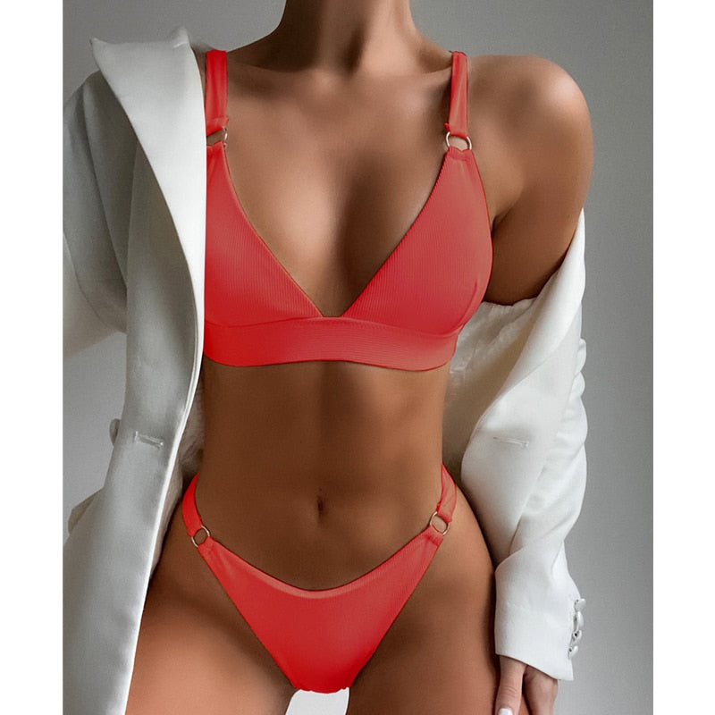 Sexy Ribbed Ring Push Up Bikinis Swimsuit Women
