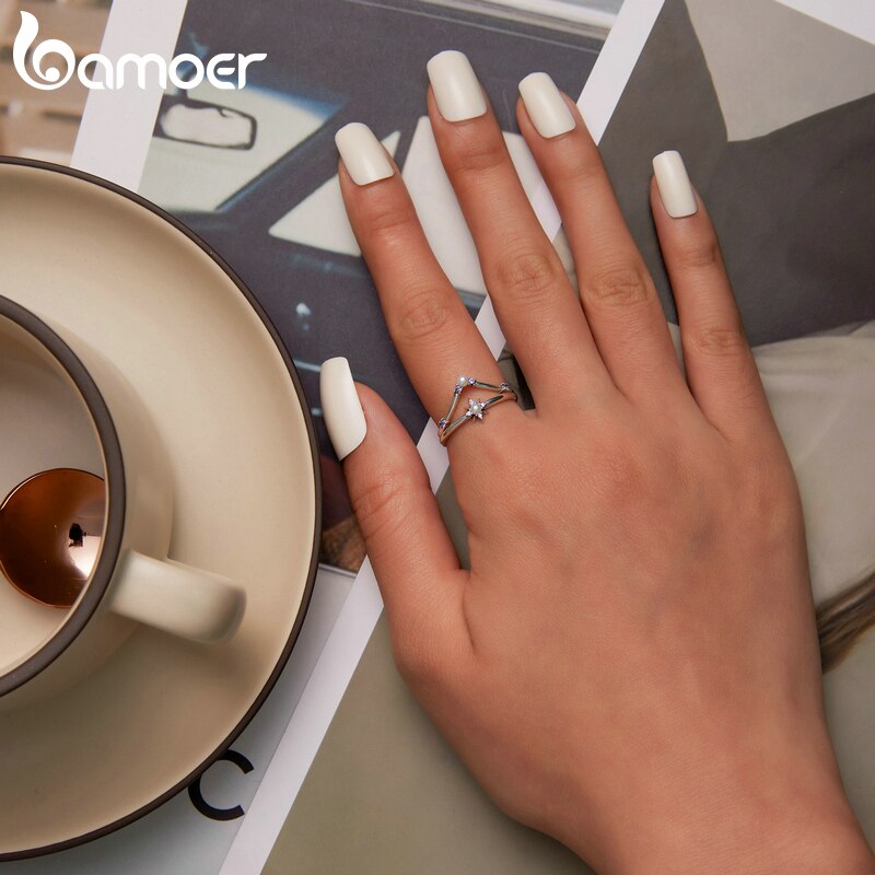 Bamoer 925 Sterling Silver Shell Bead Star Shining Purple Gem Ring