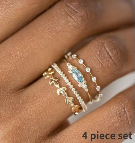 4 pcs/set Geometric Gold Color Combination Round Zircon Crystal Ring