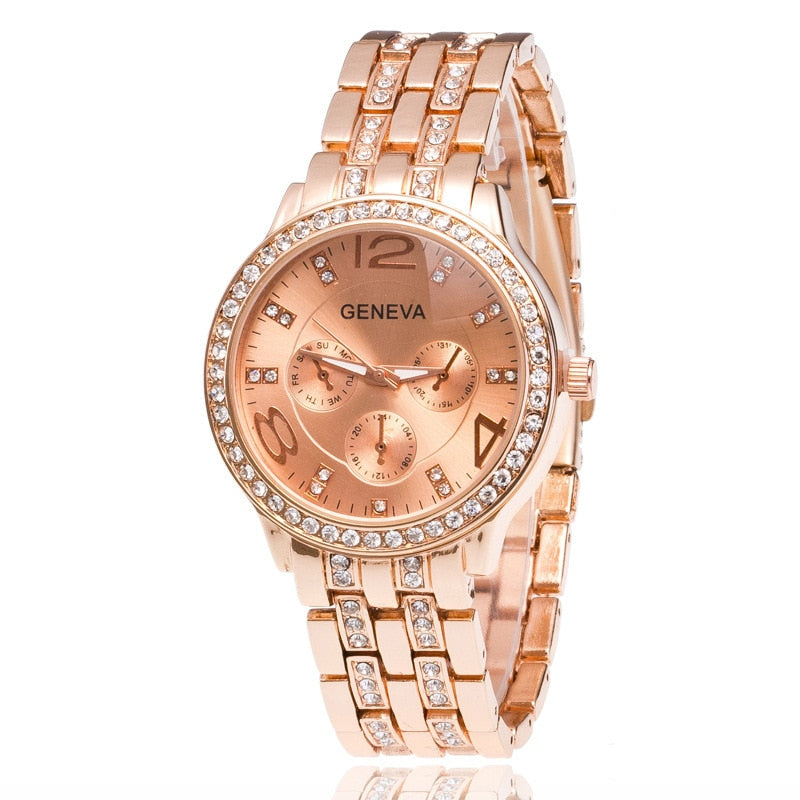 Luxury Geneva Brand Women Gold Stainless Steel Quartz Watch
