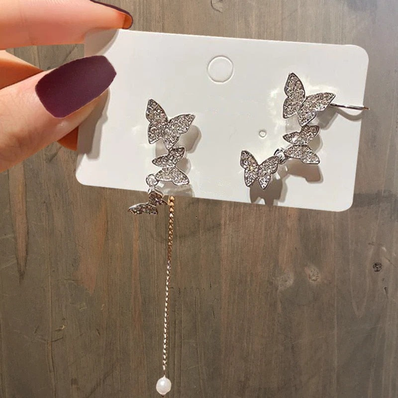 Zircon Pearl Chain Asymmetrical Butterfly Earrings