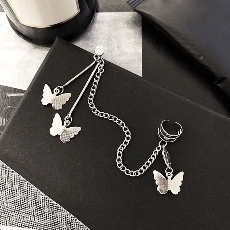 Zircon Pearl Chain Asymmetrical Butterfly Earrings