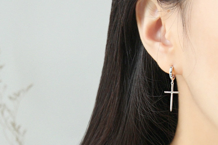 Silver Cross Dangle Earrings For Women