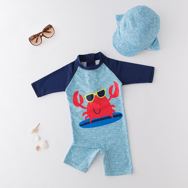 2 Pcs Baby Boy Swimwear+Hat Set