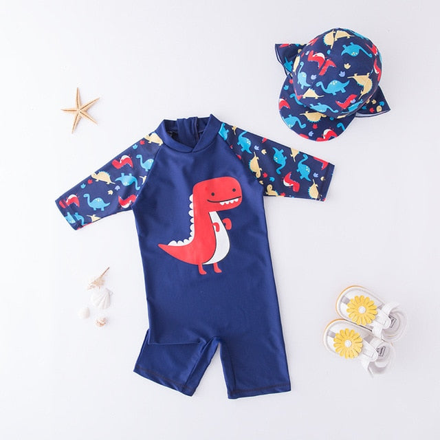 2 Pcs Baby Boy Swimwear+Hat Set