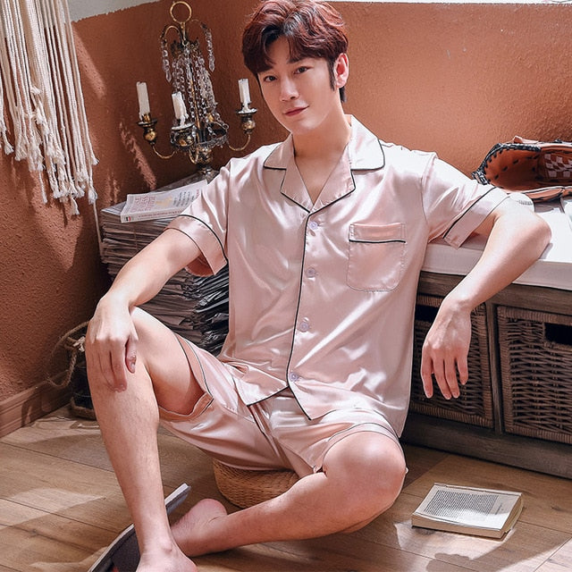 New Summer Men Silk Pajamas