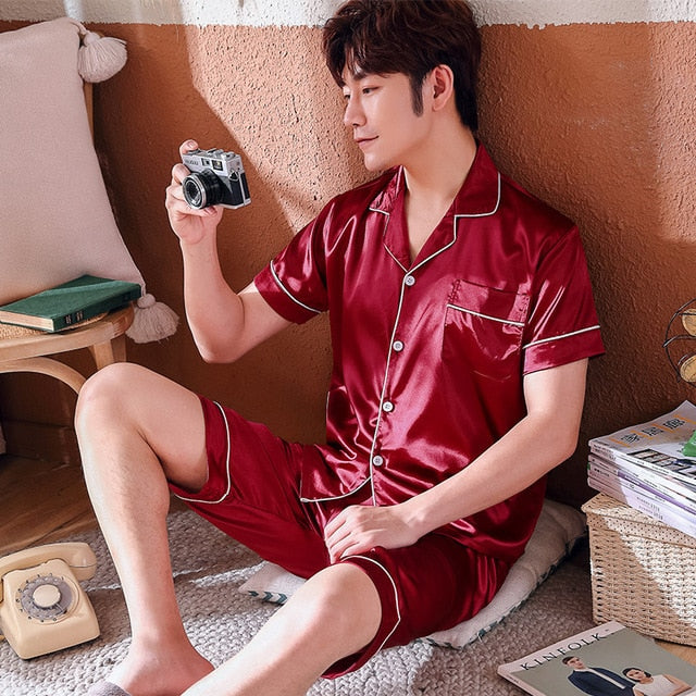 New Summer Men Silk Pajamas