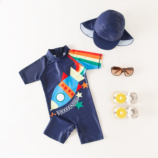 2 Pcs Baby Boy Swimwear+Hat Set