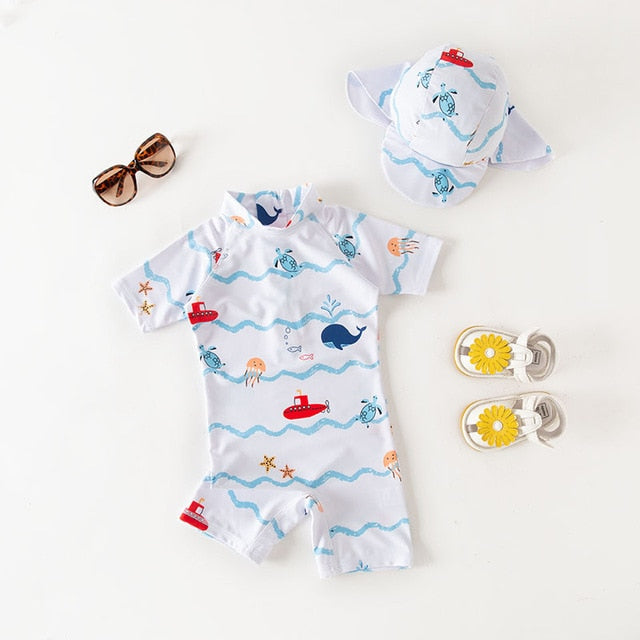 2 Pcs Baby Boy Swimwear+Hat Set