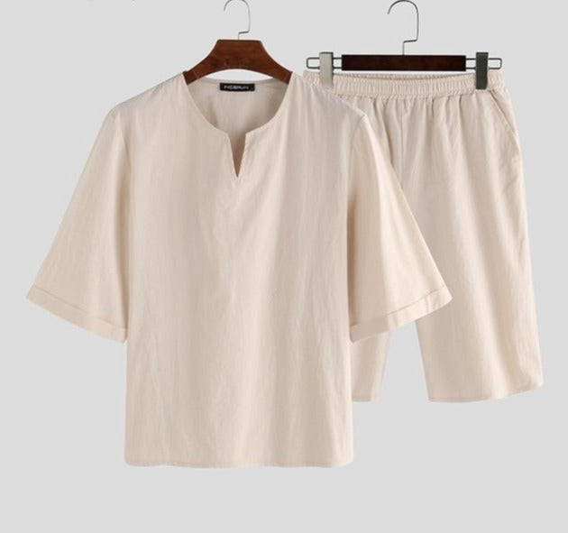 Men Solid Color Short Sleeve Casual Pajamas Sets