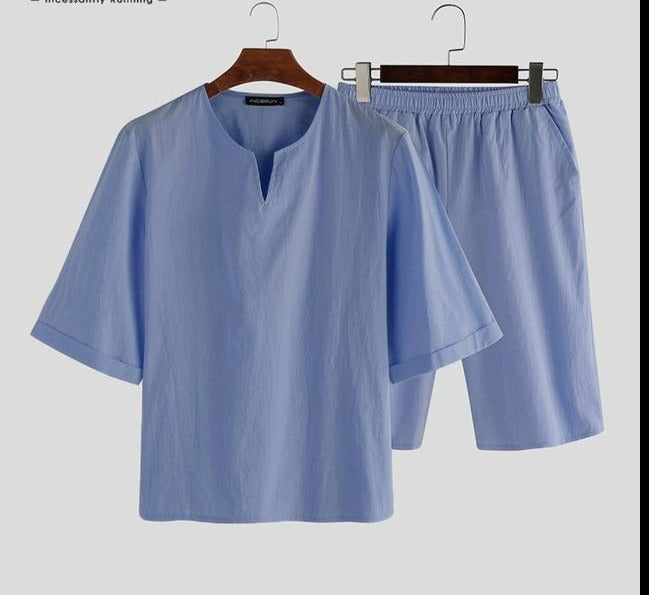 Men Solid Color Short Sleeve Casual Pajamas Sets