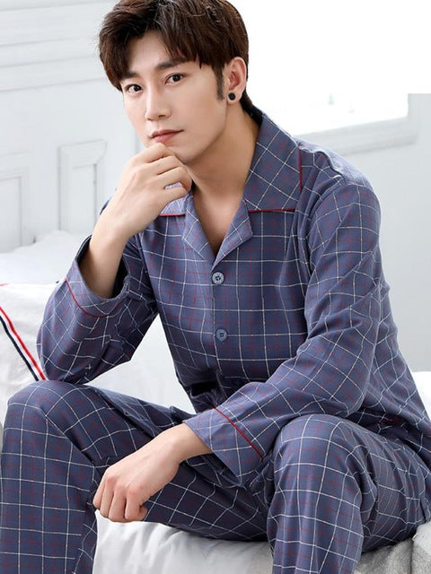 Spring Autumn Large Elastic Men Pajamas Set
