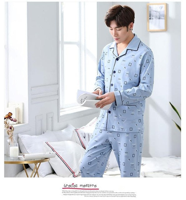 Spring Autumn Large Elastic Men Pajamas Set