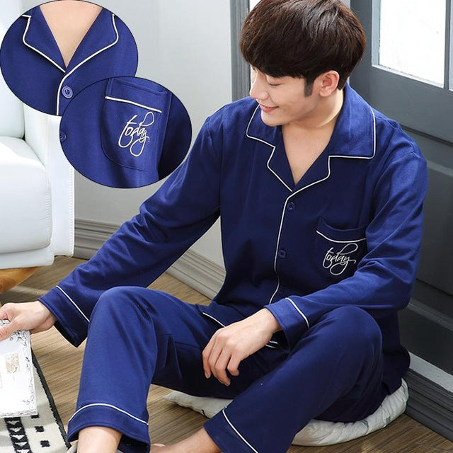 Spring Autumn Large Elastic Men Pajamas Set