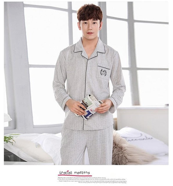 Spring Autumn Large Elastic Men Pajamas Set