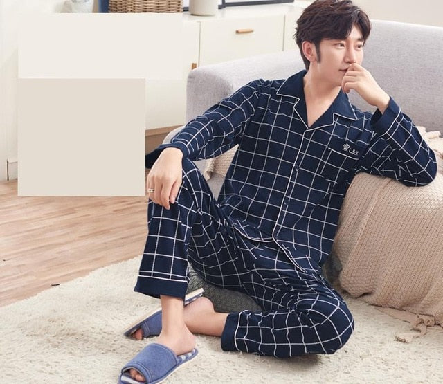 Spring Autumn Large Elastic Men Pajamas Set