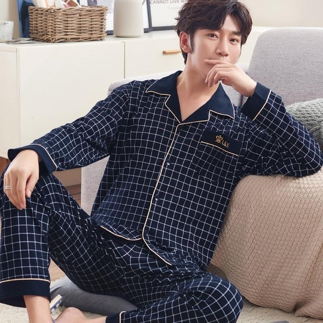 Spring Autumn Large Elastic Men Pajamas Set