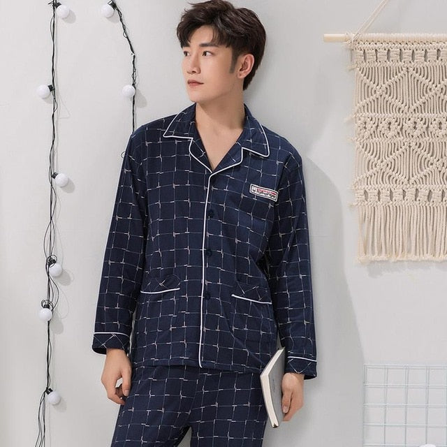 Spring Autumn Large Elastic Men Pajamas Set